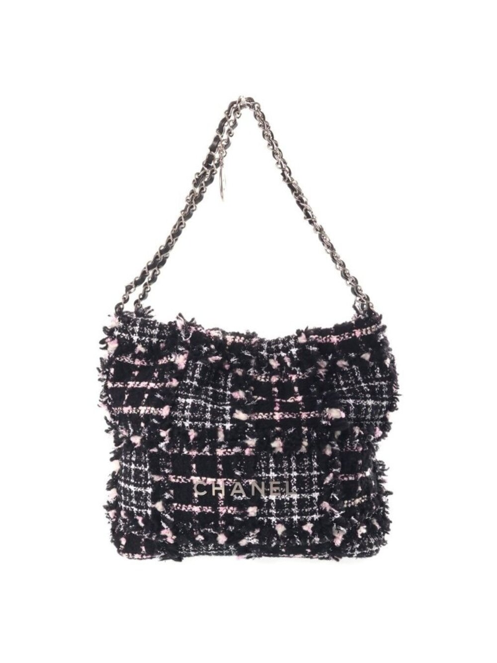 Chanel 22 2-Way Tote Chain Shoulder Bag Black Pink Leather Tweed Plate Silver